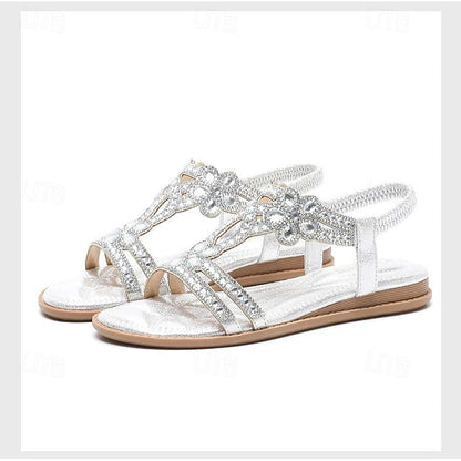 Rhinestone – Flat Boho Silver Sandals Women's T-Strap