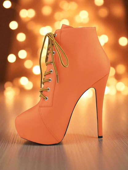 Leather Ankle Beige Platform Faux Women's - Boots Lace-Up