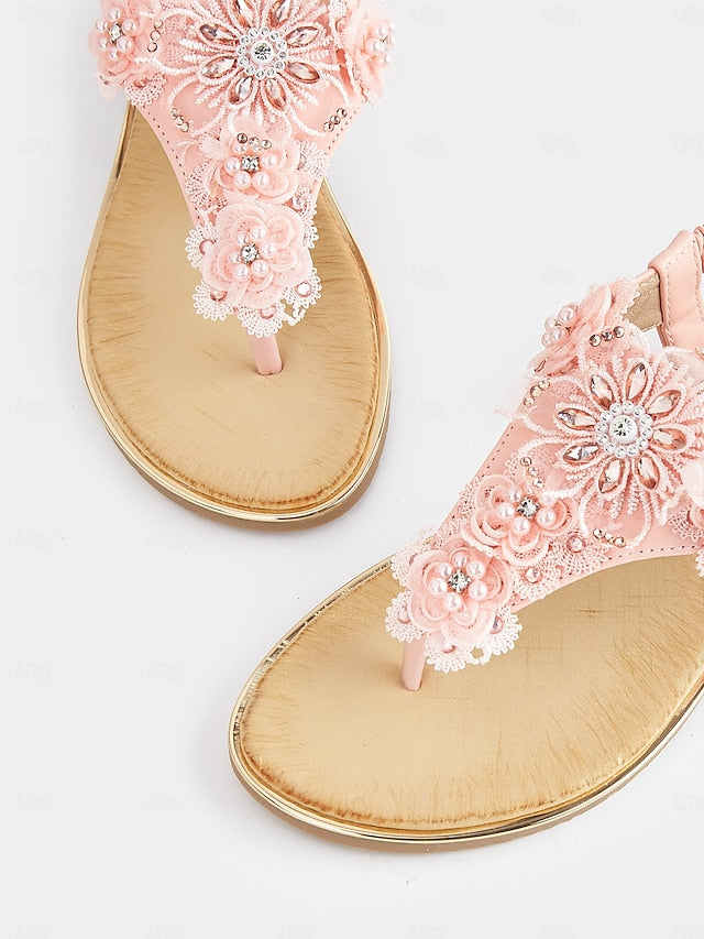 Women's Floral Sandals Pink T-Strap – Lace Embellished