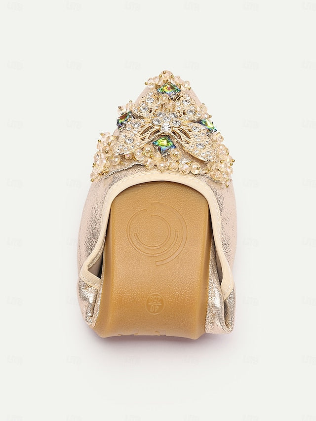 Glitter Foldable Women's with Gold Crystal Flats