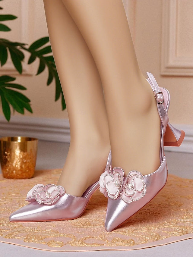 Toe Heels with Satin Floral Pink Pointed Women's