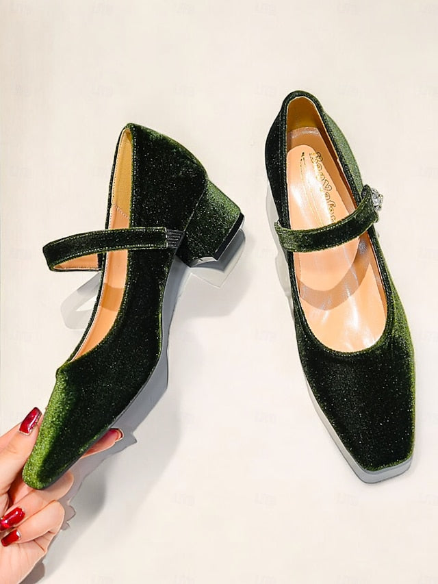 Mary Jane Toe Pumps Green Square - Block Velvet Women's