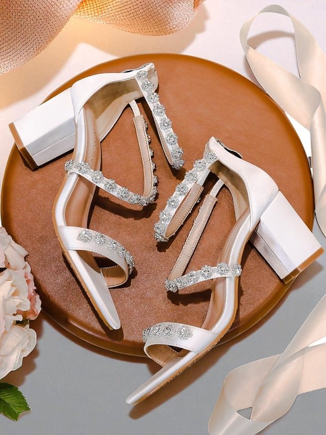 Heel Open Elegant Women's White Block Sandals - Rhinestone