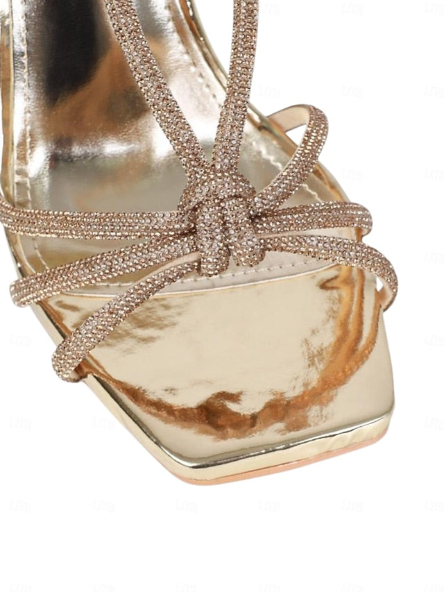 Toe with Square Heels Stiletto Strappy Women's Rhinestone