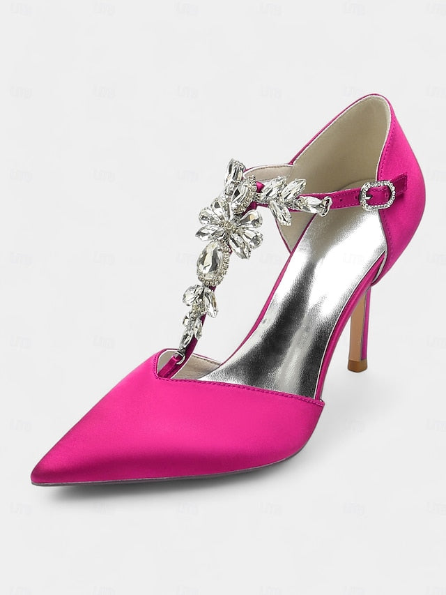 Navy Women's Heels Toe – Blue T-Strap Pointed Satin