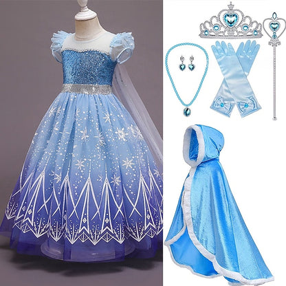 With Princess Hooded Dress Crown Cloak Set Tulle Cape Elsa
