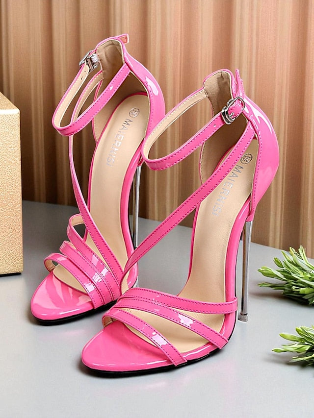 Strappy Heels Red High Stiletto - Women's PU Patent Sandals