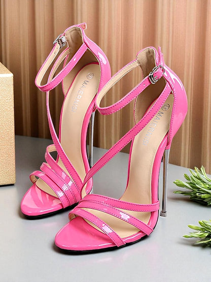 Strappy Heels Red High Stiletto - Women's PU Patent Sandals