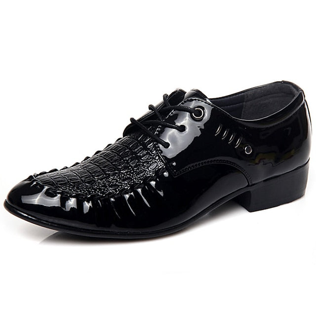 Black - Men's Leather Shoes Faux Crocodile Patent