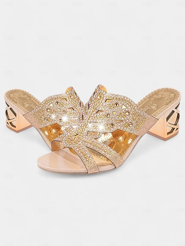 Heeled Embellished and Rhinestone - Green Sandals Gold