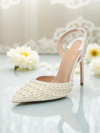 Slingback - Pearl-Embellished Leather Women's White Heels