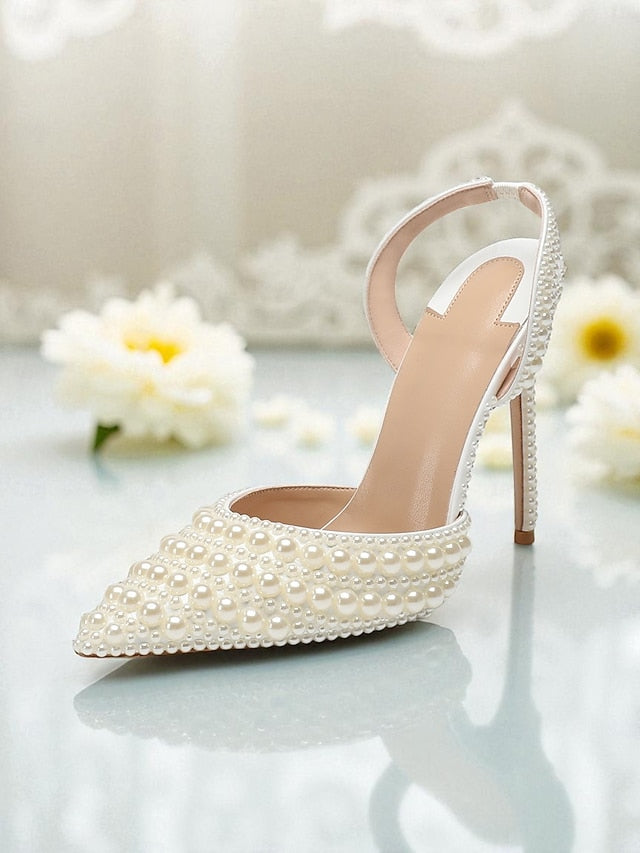 White - Pearl-Embellished Women's Slingback Leather Heels