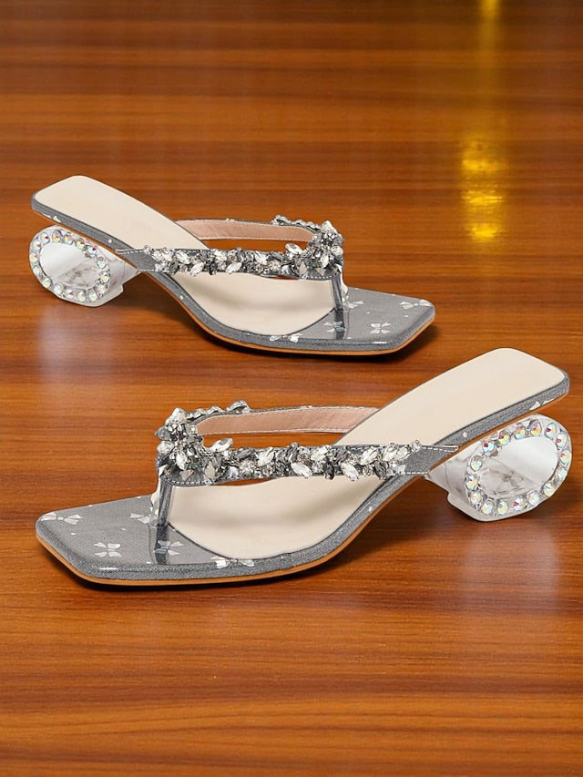 - Sandals Silver Open Heels Toe Women's Sparkly Rhinestone