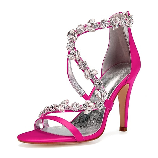 High Women's Floral Pink Rhinestone Sandals Heel with Satin