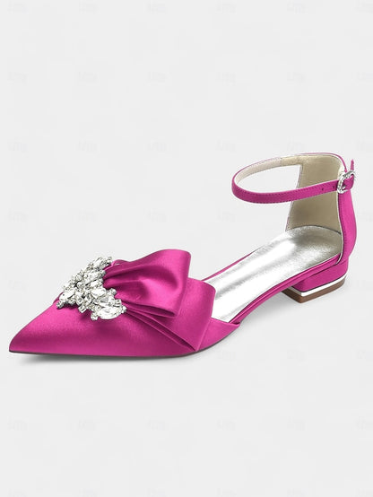 Ankle Bow Rhinestone Satin Pointed-Toe with Heels White and