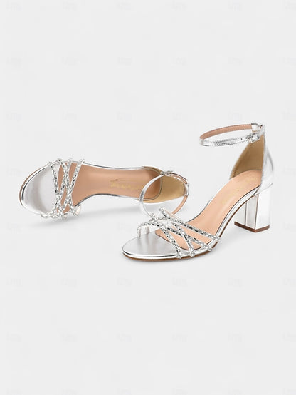 with Heel Sandals Silver Rhinestone Block Metallic Strappy