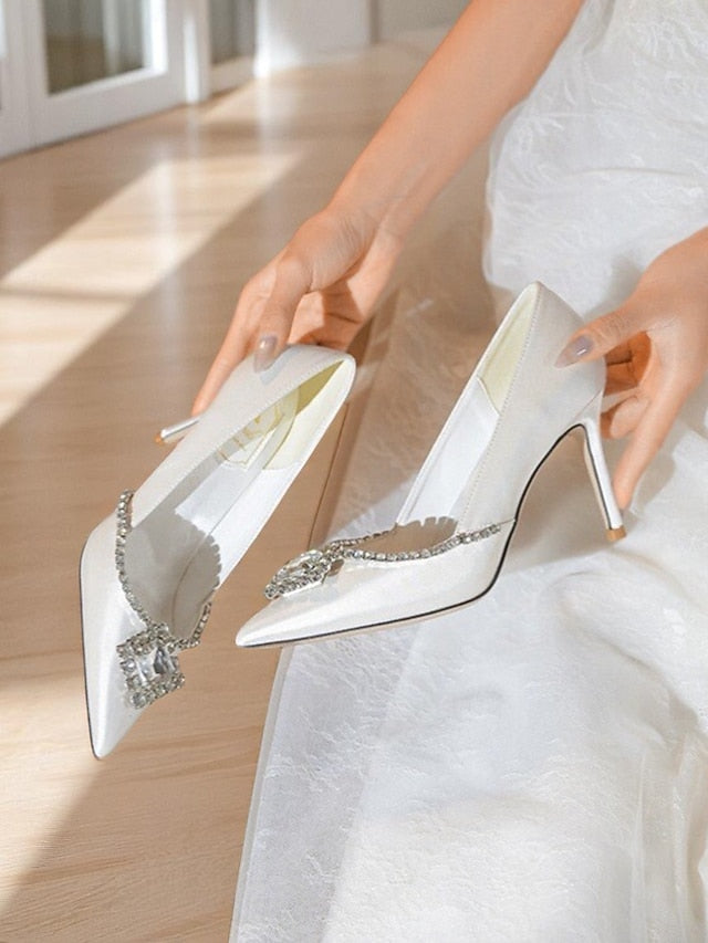 Satin Women's Pointed White Heels Wedding Toe with Crystal