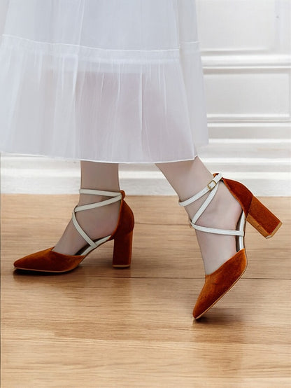 Ankle Chic - Elegant Strap Suede Heels Women's Two-Tone