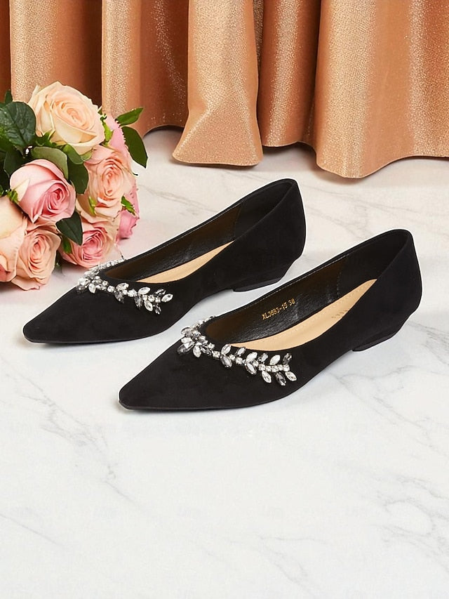 Toe Suede Pointed Rhinestone Women's with Flats Black