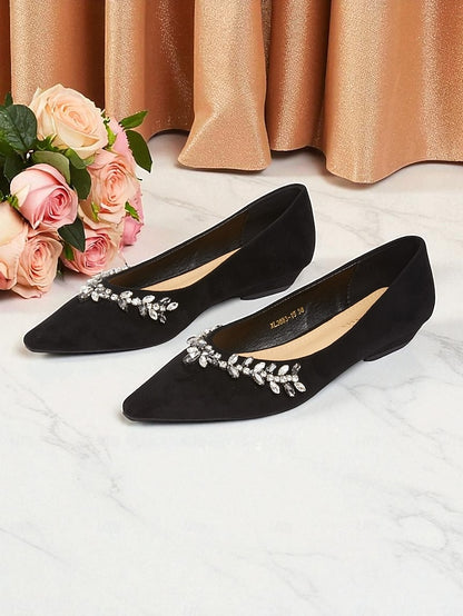 Toe Pointed Black Women's with Suede Flats Rhinestone