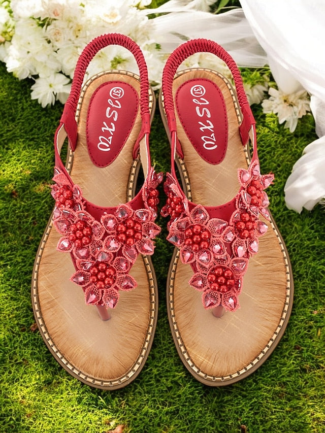 Comfortable Beaded Floral with Design Flat Slip-Ons