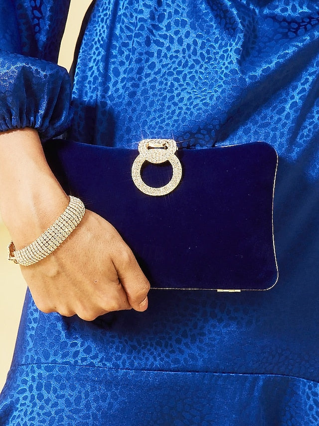 Blue Clutch Women's with Velvet Ring Bag Elegant Rhinestone
