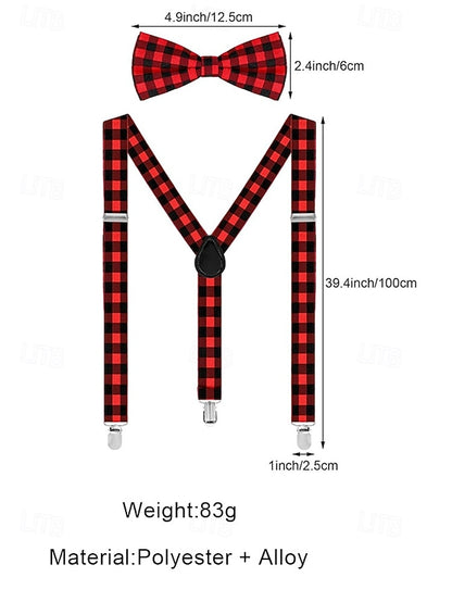 Set Suspender Tie and Christmas Bow Men's Adjustable Plaid