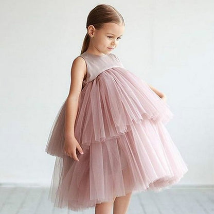 Mesh Party Sleeveless Dress Color Kids Wedding Girls' Solid