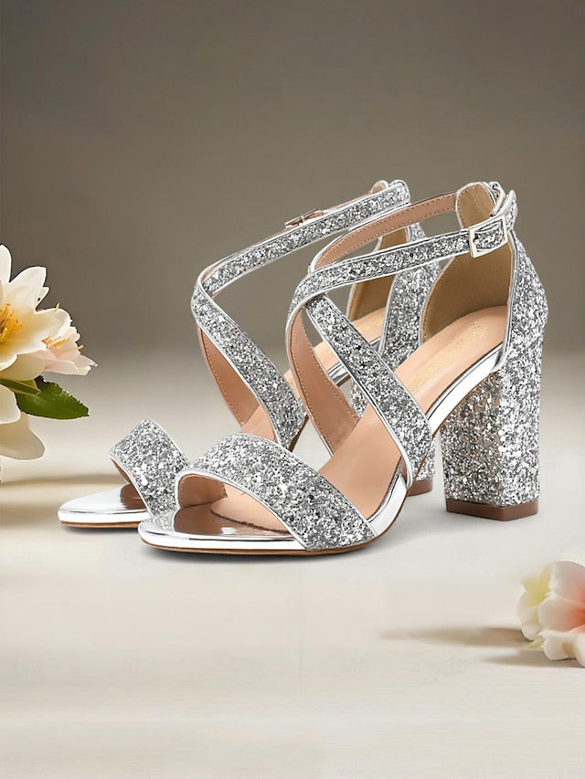 Glitter Women's Block Gold Sandals Heel