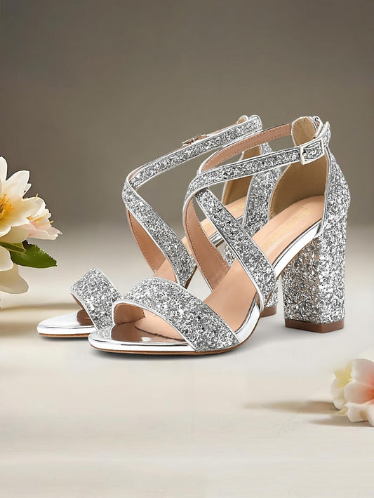 Glitter Women's Block Gold Sandals Heel