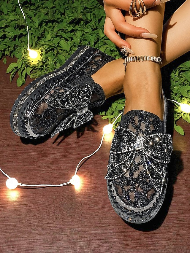 Bow Rhinestone Women's with Slip-On Black Lace Shoes