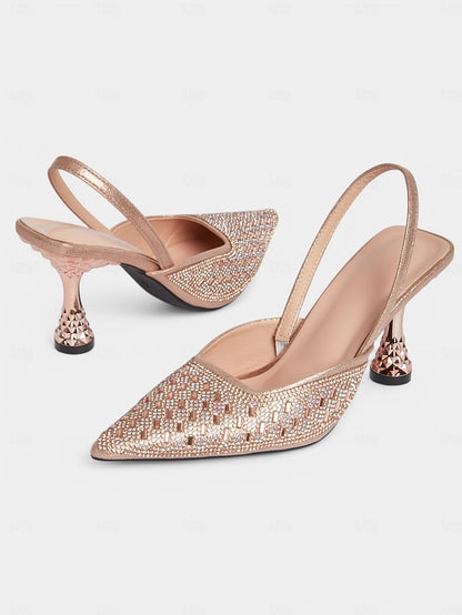 Heels Rhinestone Gold with Rose Women's Slingback Geometric