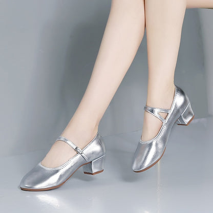 Mary Shoes Gold Women's Jane Low Dance with Heel Buckle