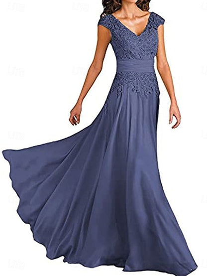 Floor Neck Elegant of Mother the Dress Simple A-Line Bride V