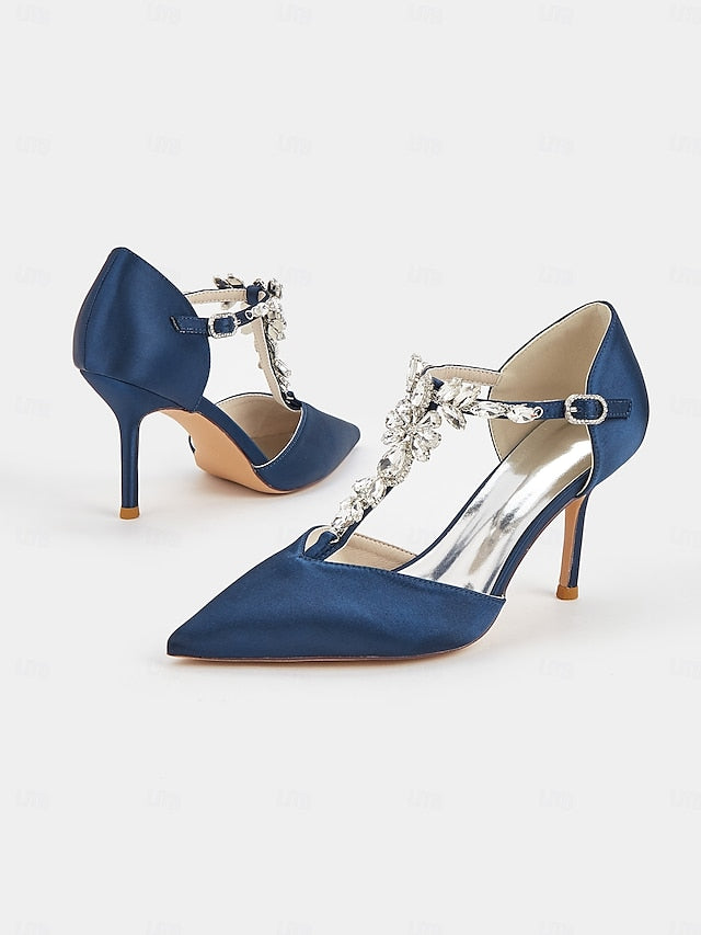 Navy Women's Heels Toe – Blue T-Strap Pointed Satin