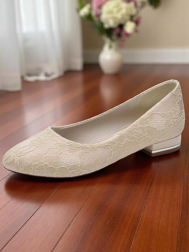 Low Ivory Wedding Flats Lace Heel Women's