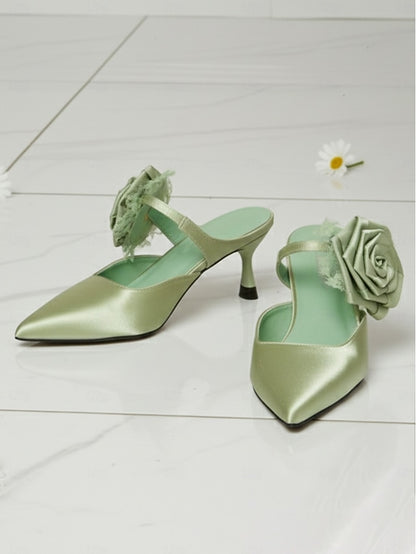 Toe Ankle Floral Pointed Satin Women's Heels with Green