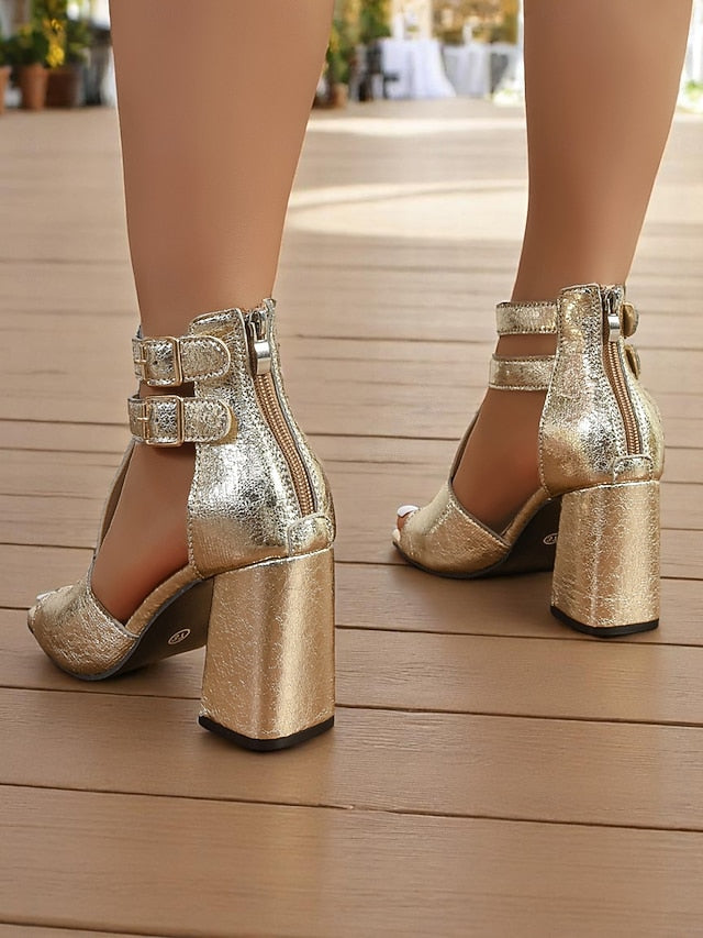 Women's - Silver Double Shiny Block Sandals Party Heel