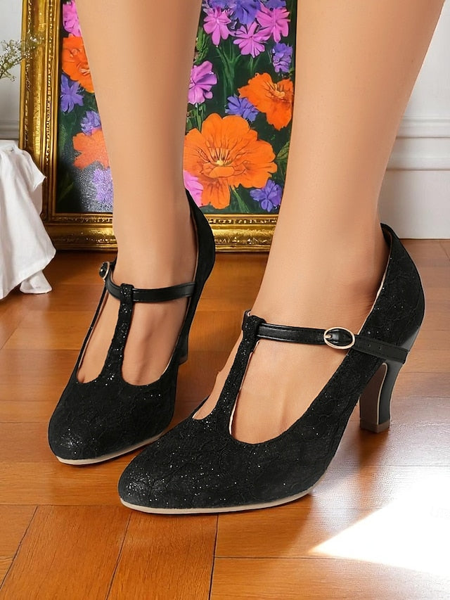 Lace Heel Pumps-1920s T-Strap Mid Ivory Vintage Women's