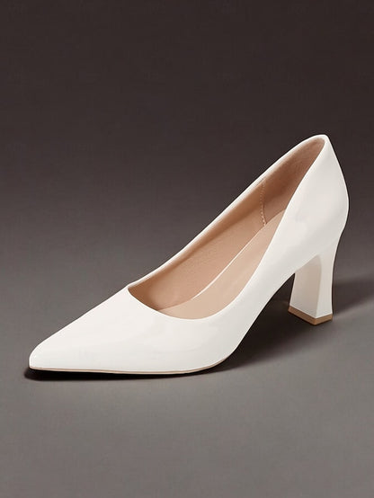 Heel Green Leather Faux Glossy Patent Pumps Pointed-Toe Block