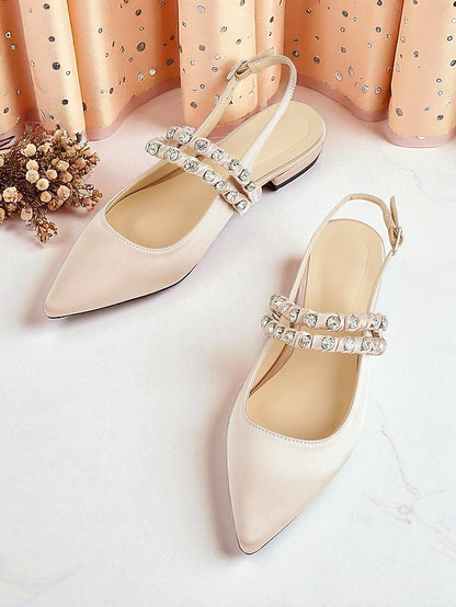 Satin Women's Pointed Flats Slingback - Rhinestone Toe