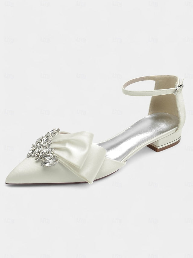 Ankle Bow Rhinestone Satin Pointed-Toe with Heels White and