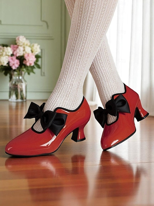 – Vintage Leather 1920s Red Shoes Heel Women's Patent Low