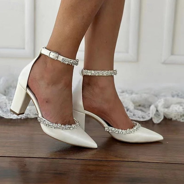 Shoes Heel Women's – Pointed Toe White Wedding with Block