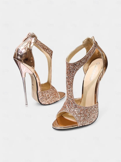 with Stiletto for Gold T-Strap Glitter Heels and Design Toe Open