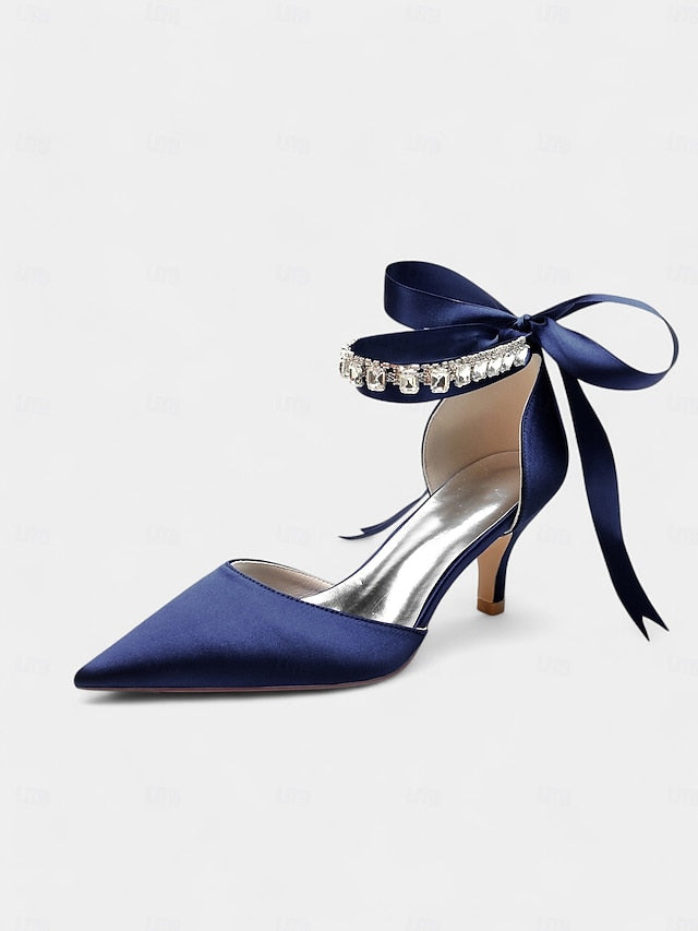 Ankle Rhinestone and Pointed-Kitten Strap with Heels Satin Blue