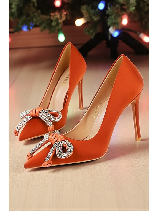 with Crystal Women's Pointed Orange Heels Bow Stiletto -