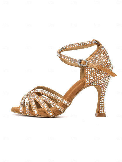 High Sandals with Heel Tan Latin Rhinestone-Embellished Dance