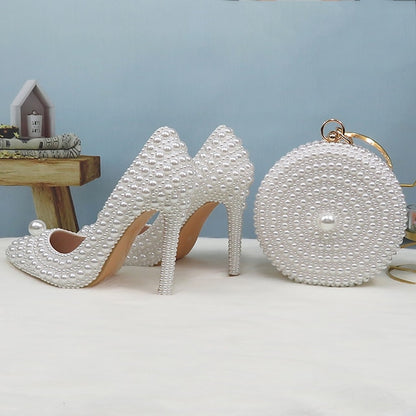 Pearl-Embellished Pearl Stiletto Round Set and Heels White Purse