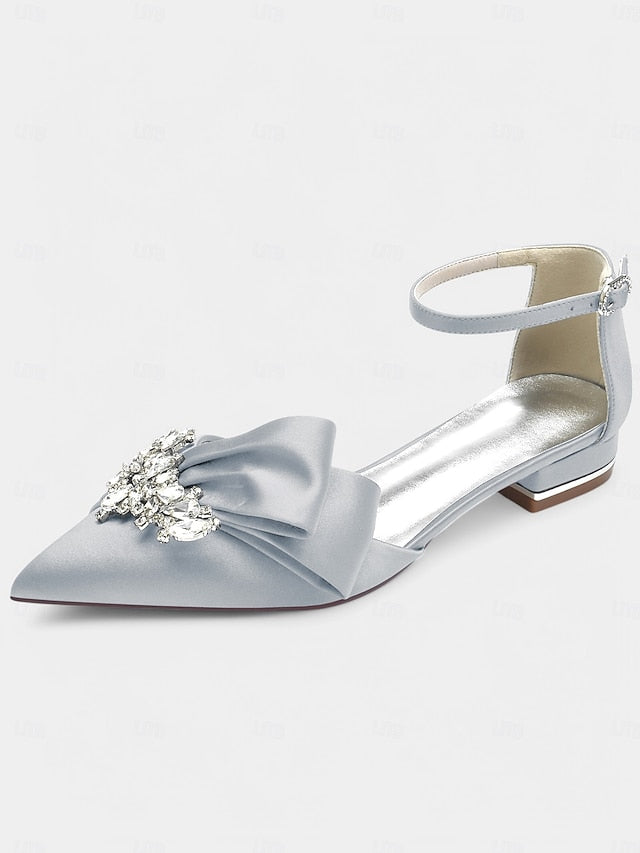 with Heels Pointed-Toe Ankle and White Bow Satin Rhinestone
